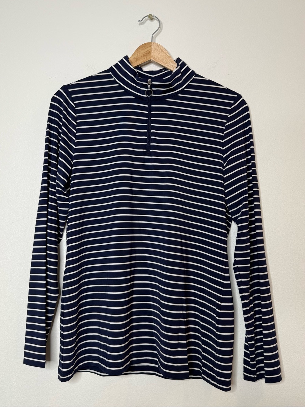 New Chicos UPF 50 Feeder Stripe Mockneck Pullover nautical stripe midnight navy